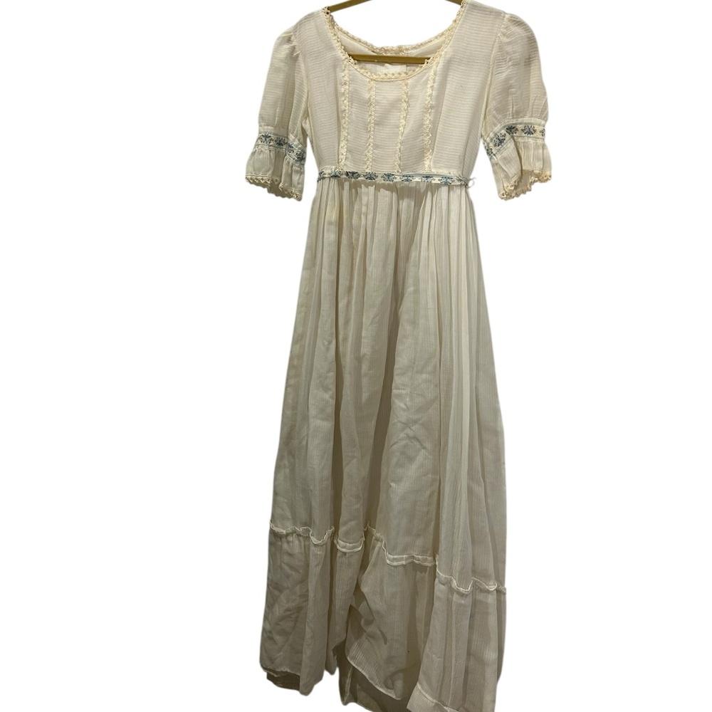 Gunne Sax Jessica McClintock cream lace blue floral maxi dress Vintage M